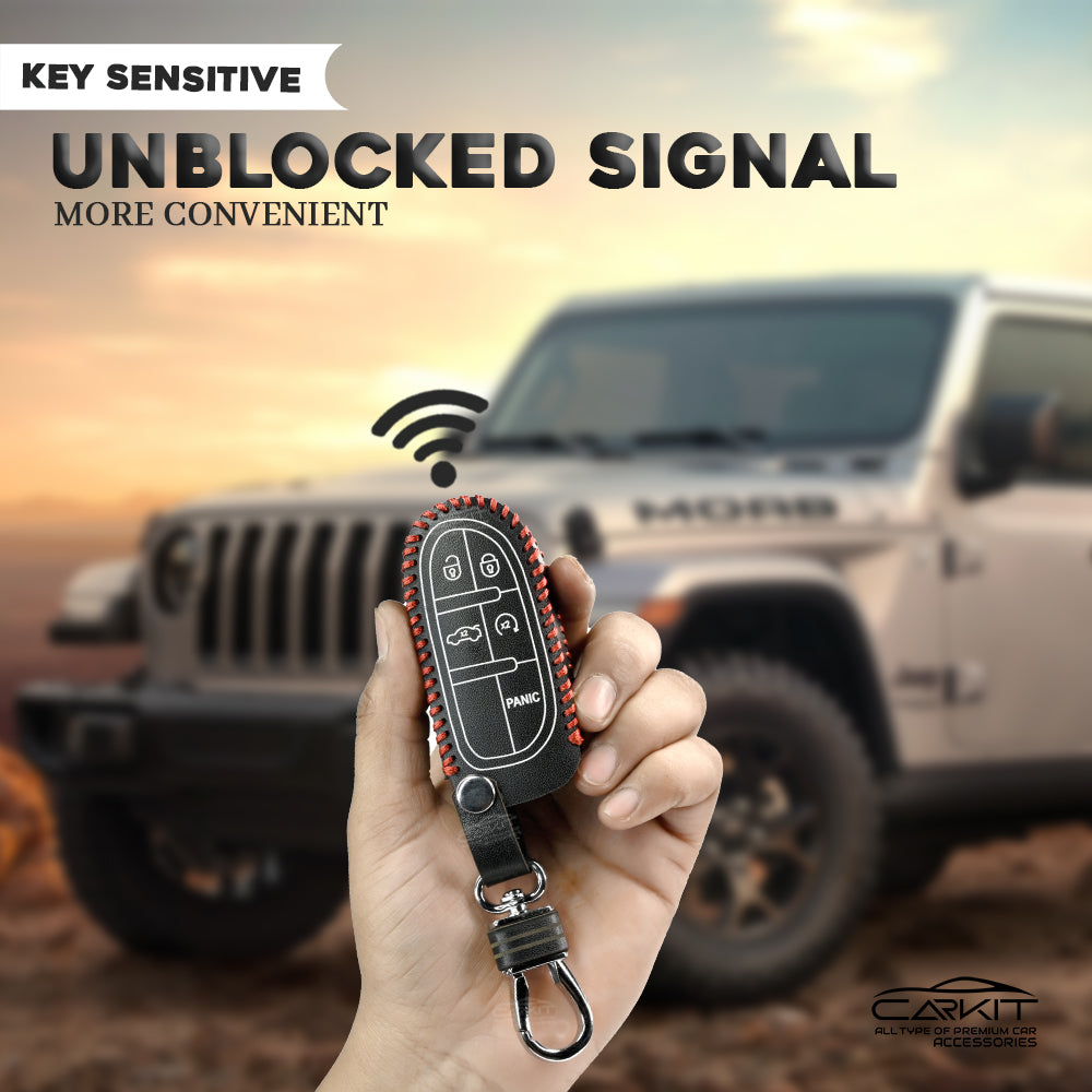 PU 3D Black Leather Key Cover Compatible for Jeep Meridian, Compass, Trailhawk, 3 Button Smart Key