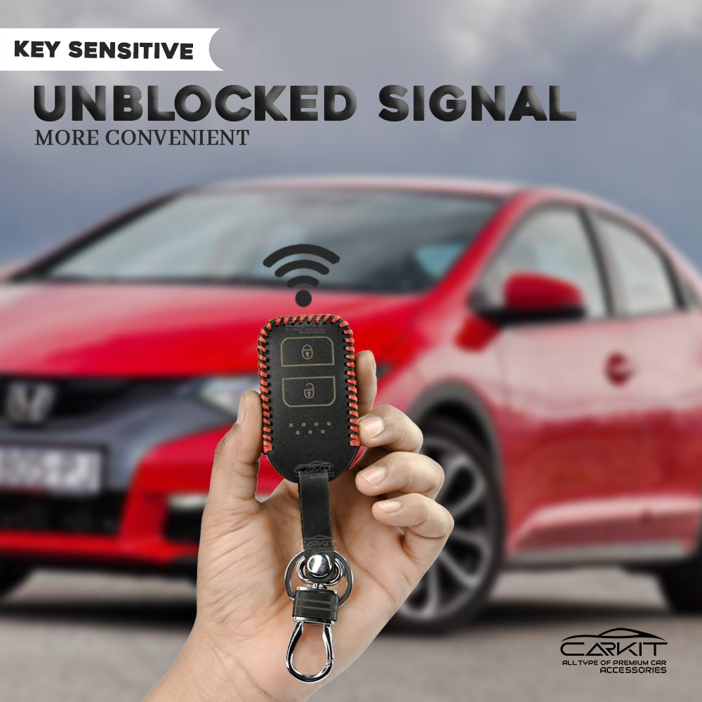 PU 3D Black Leather Key Cover For Honda: Elevate, City, Jazz, Amaze 2 button smart key
