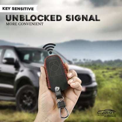 PU 3D Black Leather Car Key Case for Ford Ecosport | Endeavour | Freestyle | Aspire | Figo (2 button Smart Key)