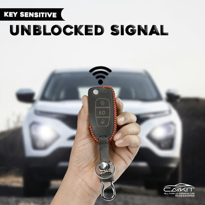 PU 3D Black Leather Car Key Cover For Tata: Nexon, Harrier, Safari, Altroz, Punch, Tiago, Tigor, Zest, Bolt, Hexa 3 button Flip Key