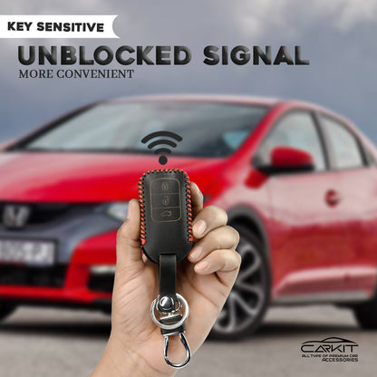 PU 3D Black Leather Car Key Cover For Honda: City, Civic, Jazz, Brio, Amaze, Cr-v, Wr-v, Br-v, Mobilio 3 Button Smart Key
