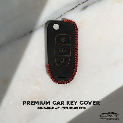 PU 3D Black Leather Car Key Cover For Tata: Nexon, Harrier, Safari, Altroz, Punch, Tiago, Tigor, Zest, Bolt, Hexa 3 button Flip Key