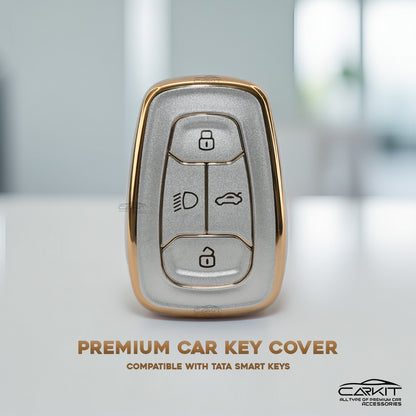 Tpu White Gold Car Key Cover For Tata: Nexon, Harrier, Tigor BS6, Tigor EV, Safari 2021, Altroz, Safari Gold, Gravitas, Punch 4 button smart key