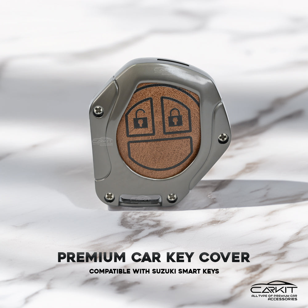 Metal Leather Brown Car Key Cover For Maruti Suzuki: Swift, Dzire, WagonR, Brezza, Grand Vitara, Fronx, Jimny, XL6, Ignis, Ertiga, Baleno, Vitara Brezza, Celerio, Alto, Ciaz, S-Cross – 2 Button Remote Key
