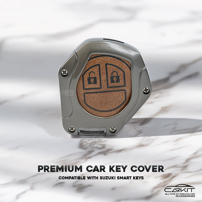 Metal Leather Brown Car Key Cover For Maruti Suzuki: Swift, Dzire, WagonR, Brezza, Grand Vitara, Fronx, Jimny, XL6, Ignis, Ertiga, Baleno, Vitara Brezza, Celerio, Alto, Ciaz, S-Cross – 2 Button Remote Key