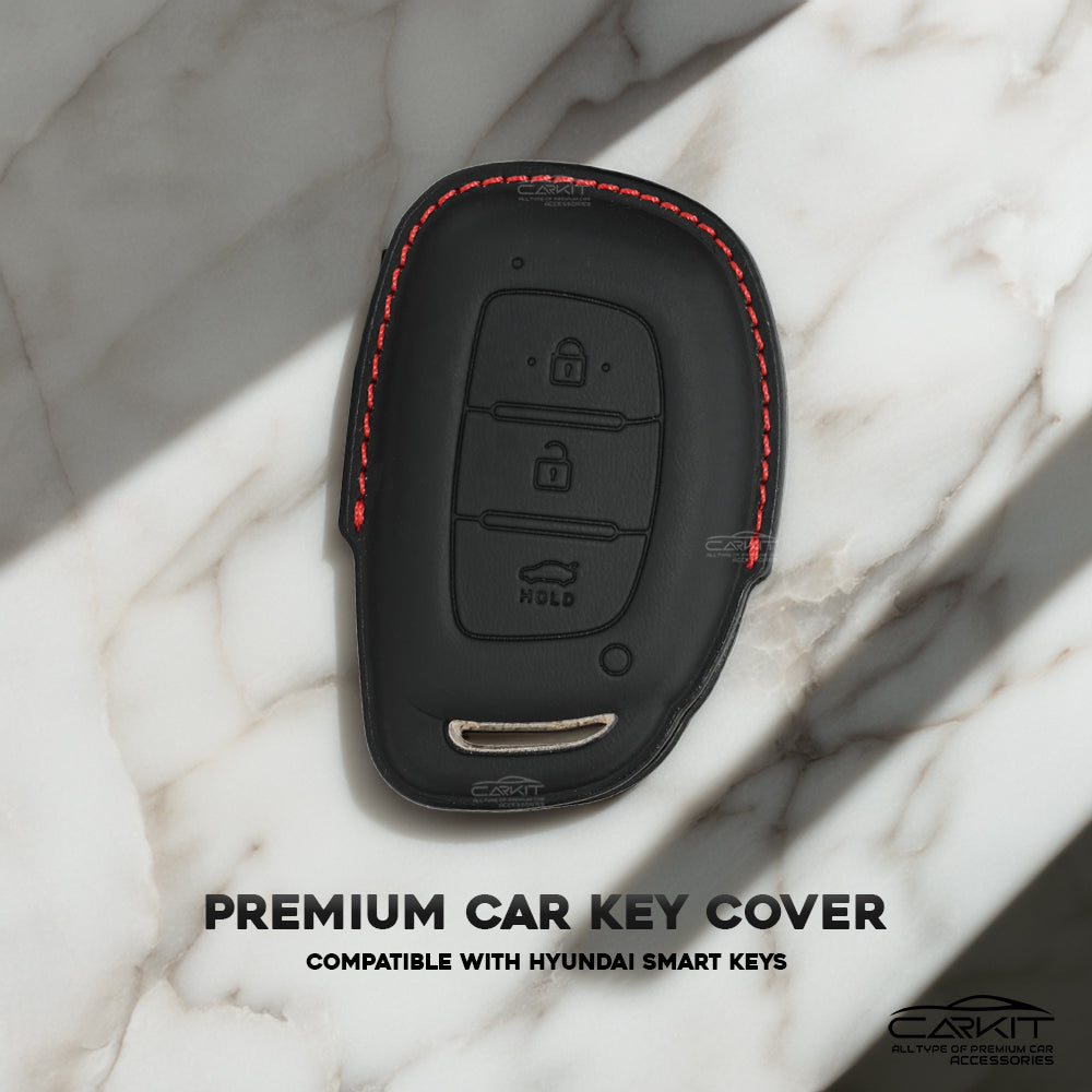 PU 3D Leather Black Key Cover For Hyundai: i20, Creta, Venue, Tucson, Alcazar, Verna, Xcent, Aura, Elantra 3 button smart key