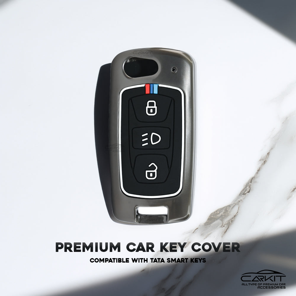 Metal Car Key Cover For Tata: Nexon, Harrier, Safari, Altroz, Punch, Tiago, Tigor, Zest, Bolt, Hexa 3 button Flip Key