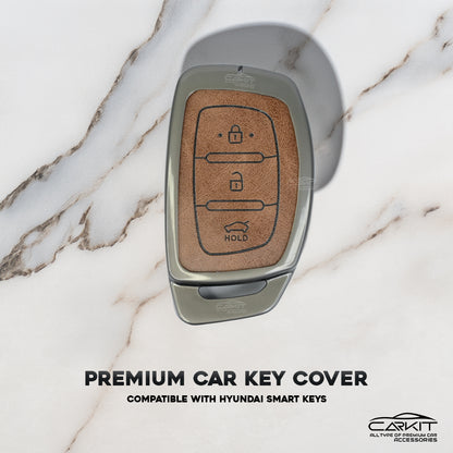 Metal Leather Brown Car Key Cover For Hyundai: i20, Creta, Venue, Tucson, Alcazar, Verna, Xcent, Aura, Elantra 3 button smart key