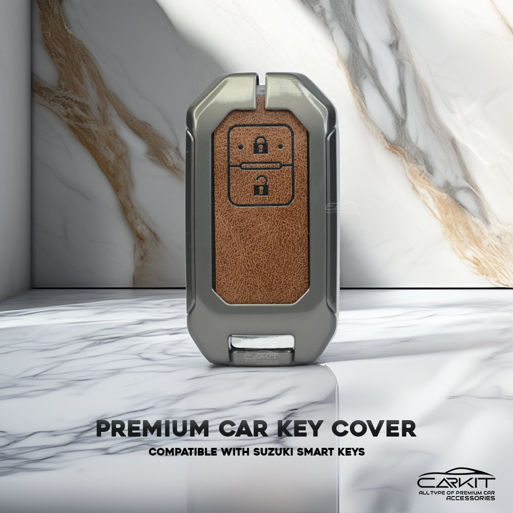 Metal Leather Brown Car Key Cover For Suzuki : Swift, DZire, Baleno, Ertiga, Grand Vitara, Brezza, Fronx, Jimny XL6, Ignis, Toyota: Glanza, Urban Cruiser Hyryder, Rumion 2 button smart key.