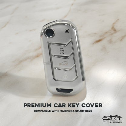 Tpu Silver Car Key Cover For Mahindra: Thar, Bolero, Scorpio, XUV700, XUV400, XUV3x0, XUV300, TUV300, Marazzo 3 button flip key