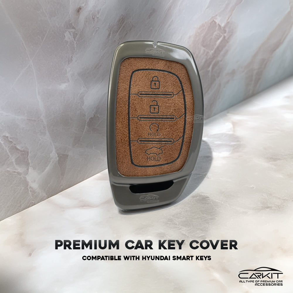 Metal Leather Brown Car Key Cover For Hyundai: Alcazar, Creta 2021 onwards 4 button smart key