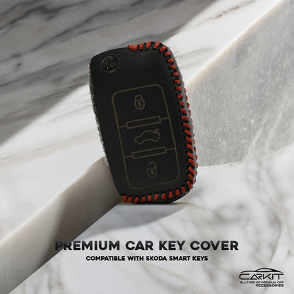 PU 3D Black Leather Car Key Cover For Skoda Octavia, Fabia, Laura, Superb, Rapid, Yeti And Volkswagen Polo, Vento, Jetta, Ameo