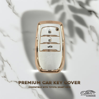TPU White Gold Car Key Cover For Toyota: Innova, Fortuner, Legender, Land Cruiser, Suzuki Invicto 3 button smart key.