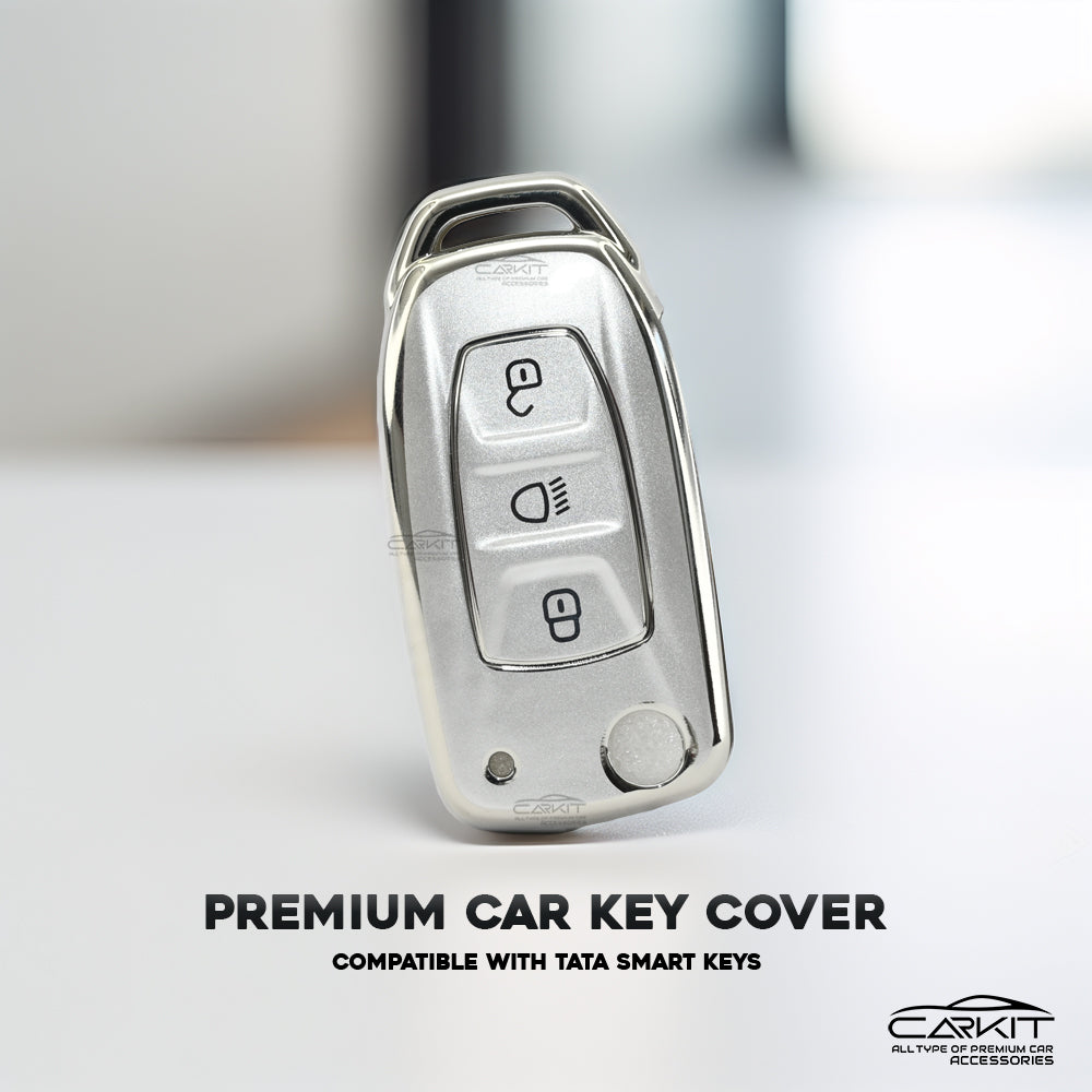 Tpu White Car Key Cover For Tata: Nexon, Harrier, Safari, Altroz, Punch, Tiago, Tigor, Zest, Bolt, Hexa 3 button Flip Key