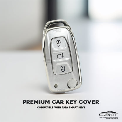Tpu White Car Key Cover For Tata: Nexon, Harrier, Safari, Altroz, Punch, Tiago, Tigor, Zest, Bolt, Hexa 3 button Flip Key