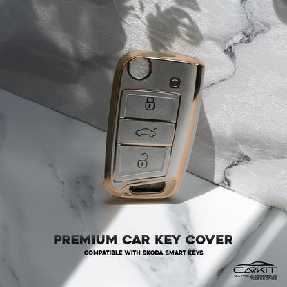TPU White Gold Car key Cover For  Skoda Virtus, Tiguan, Jetta, Slavia, Kodiaq, Kushaq, Karoq, Octavia And Volkswagen Virtus, Tiguan, T-Roc, Taigun, Jetta, Octavia, Karoq, Superb, Kodiaq, Slavia Flip Key