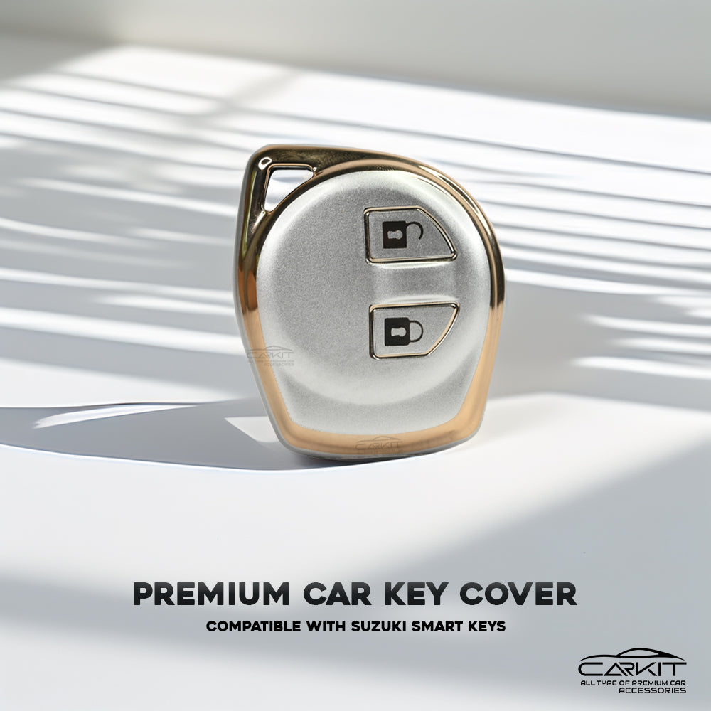PU 3D White Gold Car Key Cover For Maruti Suzuki: Swift, Dzire, WagonR, Brezza, Grand Vitara, Fronx, Jimny, XL6, Ignis, Ertiga, Baleno, Vitara Brezza, Celerio, Alto, Ciaz, S-Cross – 2 Button Remote Key