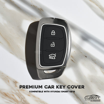Metal Silicone Car Key Cover For Hyundai: i20, Creta, Venue, Tucson, Alcazar, Verna, Xcent, Aura, Elantra 3 button smart key