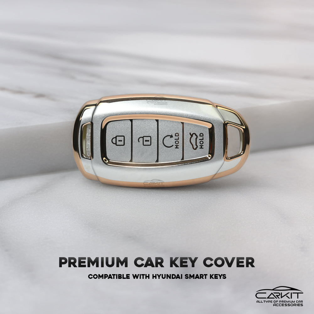 TPU White Gold Car Key Cover For Hyundai: i20, Verna 2023 onwards 4 button smart key