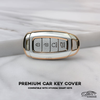 TPU White Gold Car Key Cover For Hyundai: i20, Verna 2023 onwards 4 button smart key