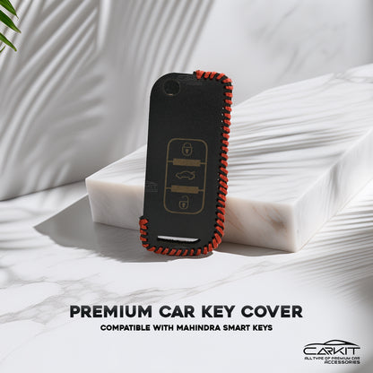 PU 3D Black Leather Car Key Cover For Mahindra: XUV500 Flip Key