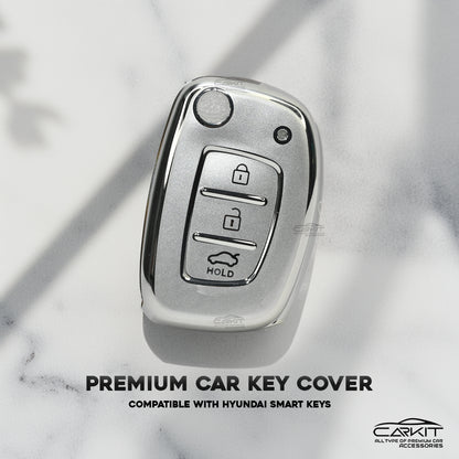 TPU Silver Key Cover For Hyundai: Creta, Venue, Tucson, Alcazar, I20, Grand I10, Aura, Xcent, Exter 3 button flip key