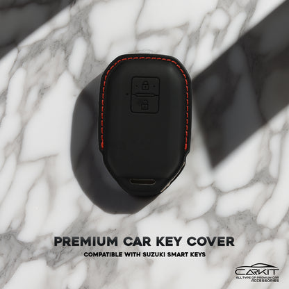 PU 3D Black Leather Car Key Cover For  Suzuki : Swift, DZire, Baleno, Ertiga, Grand Vitara, Brezza, Fronx, Jimny XL6, Ignis, Toyota: Glanza, Urban Cruiser Hyryder, Rumion 2 button smart key.