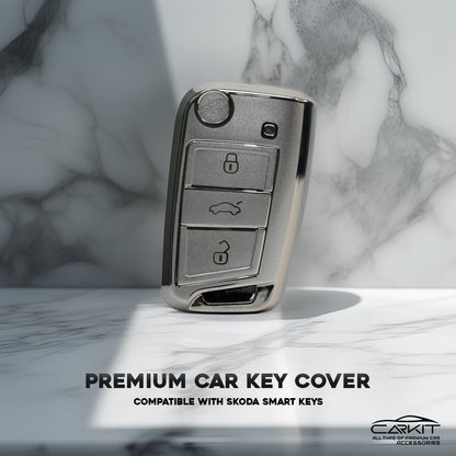 TPU Silver Car key Cover For Skoda Virtus, Tiguan, Jetta, Slavia, Kodiaq, Kushaq, Karoq, Octavia And Volkswagen Virtus, Tiguan, T-Roc, Taigun, Jetta, Octavia, Karoq, Superb, Kodiaq, Slavia Flip Key