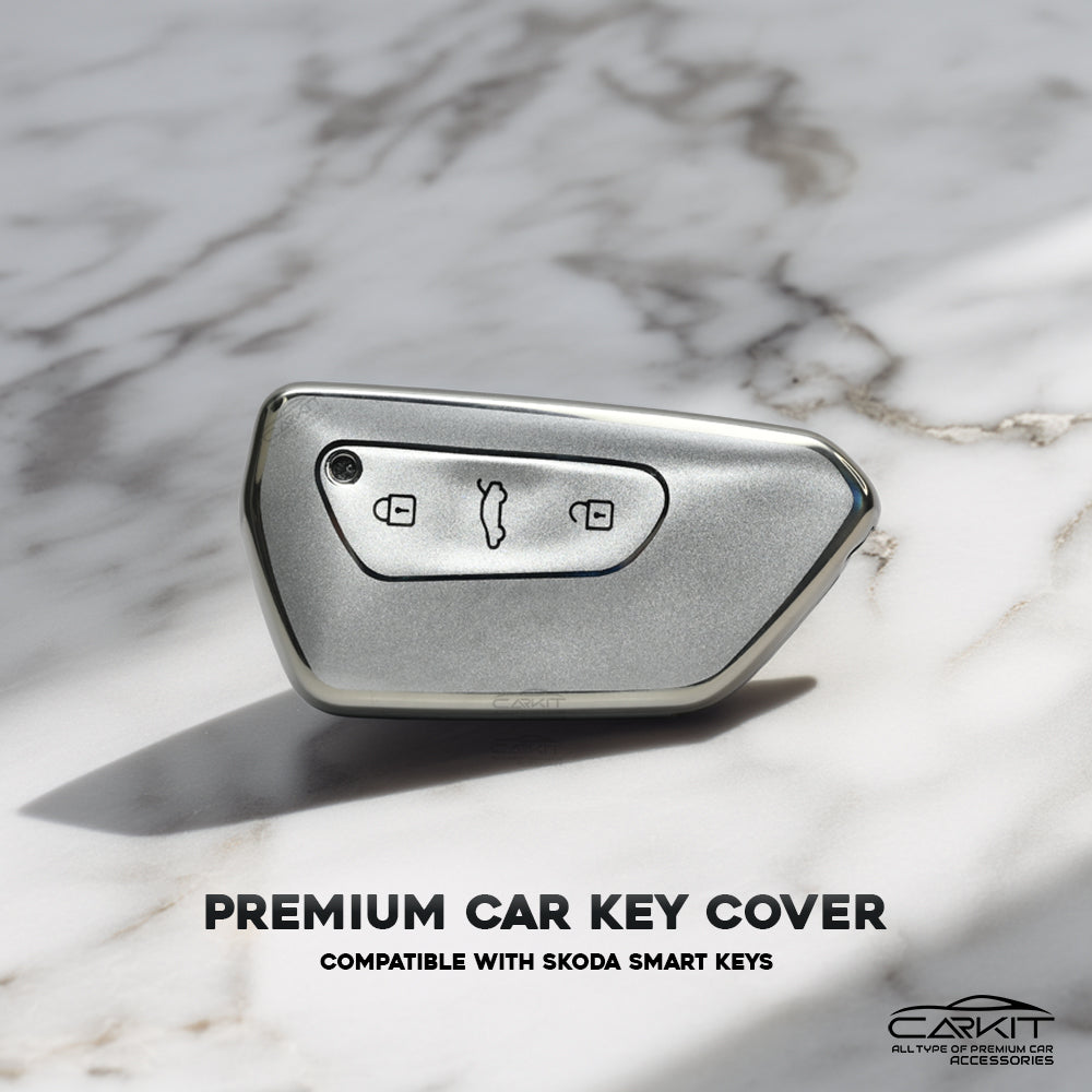 TPU Silver Car key Cover For Skoda Octavia 2021 onwards And Volkswagen Virtus 3 Button Smart Key