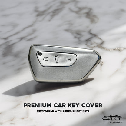 TPU Silver Car key Cover For Skoda Octavia 2021 onwards And Volkswagen Virtus 3 Button Smart Key