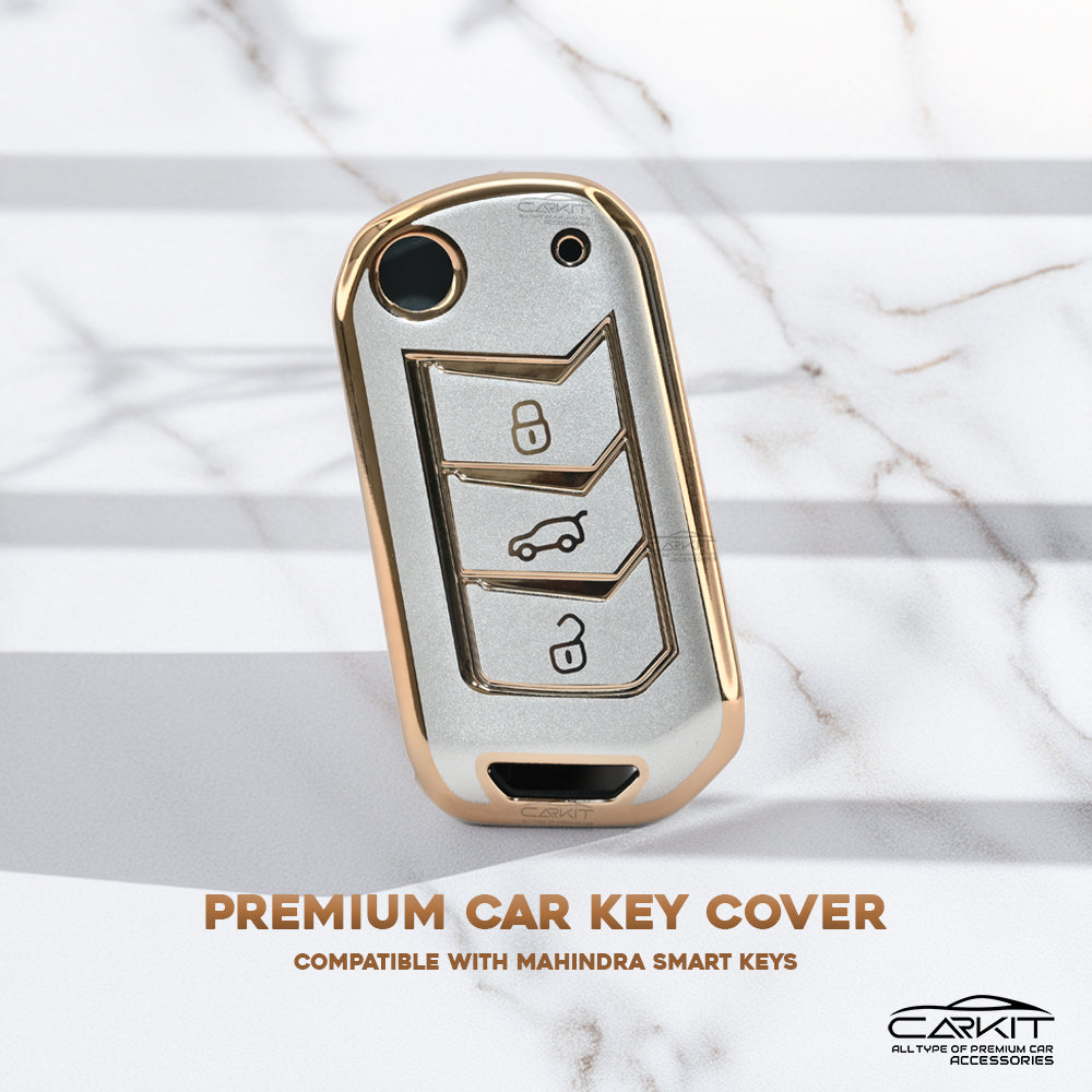 TPU White Gold Car Key Cover For Mahindra: Thar, Bolero, Scorpio, XUV700, XUV400, XUV3x0, XUV300, TUV300, Marazzo 3 button flip key