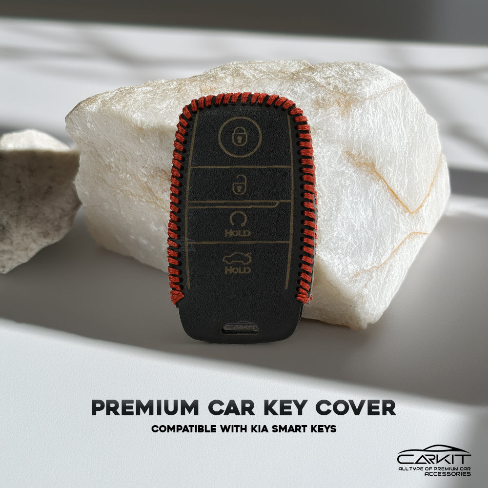 PU 3D Black Leather Car Key Cover For Kia: Seltos, Sonet, Carens, Seltos X-line 4 button smart key
