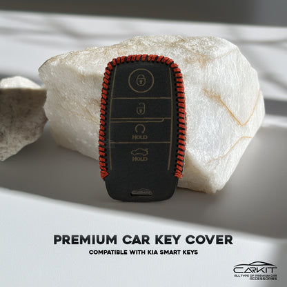 PU 3D Black Leather Car Key Cover For Kia: Seltos, Sonet, Carens, Seltos X-line 4 button smart key