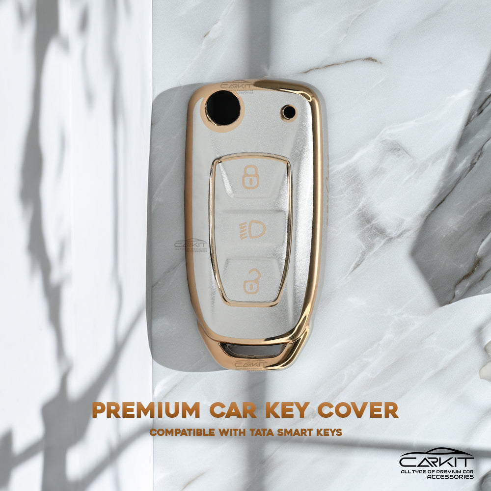 TPU White Gold Car Key Cover For Tata: Nexon, Harrier, Safari, Altroz, Punch, Tiago, Tigor, Zest, Bolt, Hexa 3 button Flip Key