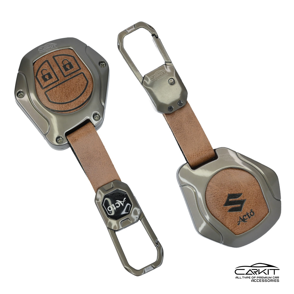 Metal Leather Brown Car Key Cover For Maruti Suzuki: Swift, Dzire, WagonR, Brezza, Grand Vitara, Fronx, Jimny, XL6, Ignis, Ertiga, Baleno, Vitara Brezza, Celerio, Alto, Ciaz, S-Cross – 2 Button Remote Key