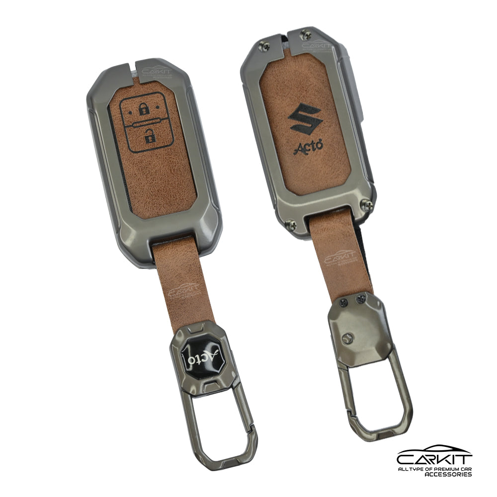 Metal Leather Brown Car Key Cover For Suzuki : Swift, DZire, Baleno, Ertiga, Grand Vitara, Brezza, Fronx, Jimny XL6, Ignis, Toyota: Glanza, Urban Cruiser Hyryder, Rumion 2 button smart key.
