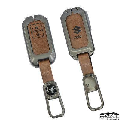 Metal Leather Brown Car Key Cover For Suzuki : Swift, DZire, Baleno, Ertiga, Grand Vitara, Brezza, Fronx, Jimny XL6, Ignis, Toyota: Glanza, Urban Cruiser Hyryder, Rumion 2 button smart key.